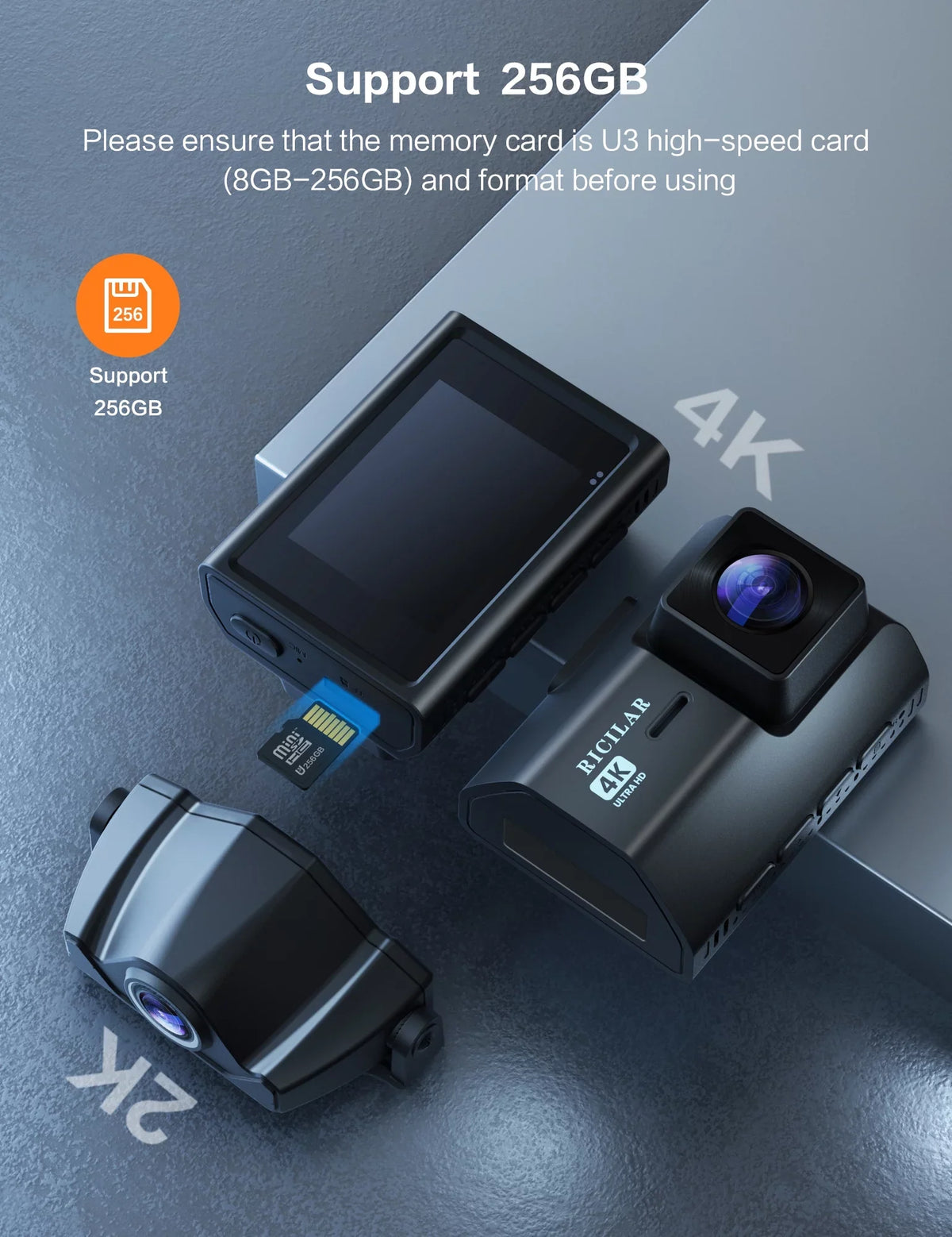 Ricilar Front 4K Rear 2K Full Hd Car Dash Camera with Built in Wifi, Gps, Ultra Hd 2" Ips Screen, 170° and 140° Wide Angle Camera, Wdr, Night Vision, Gravity Sensor, 24 Hour Parking Mode
