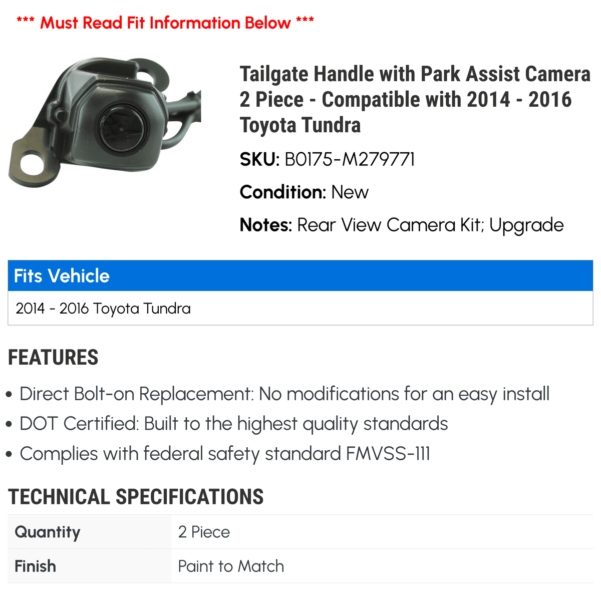 Tailgate Handle with Park Assist Camera 2 Piece - Compatible with 2014 - 2016  Tundra 2015