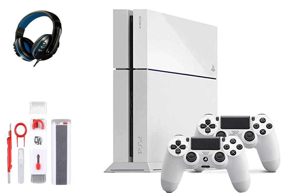 Pre-Owned  PlayStation 4 500GB Gaming Console White Headset 2 Controller with BOLT AXTION Cleaning Kit Bundle (Refurbished: Like New)