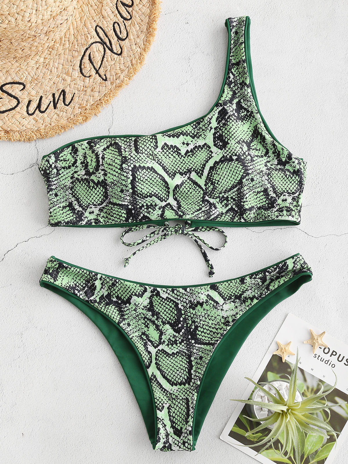 ZAFUL for Women Snakeskin Swimsuit Leopard Print One Shoulder Reversible Bikini Set Medium Forest Green M
