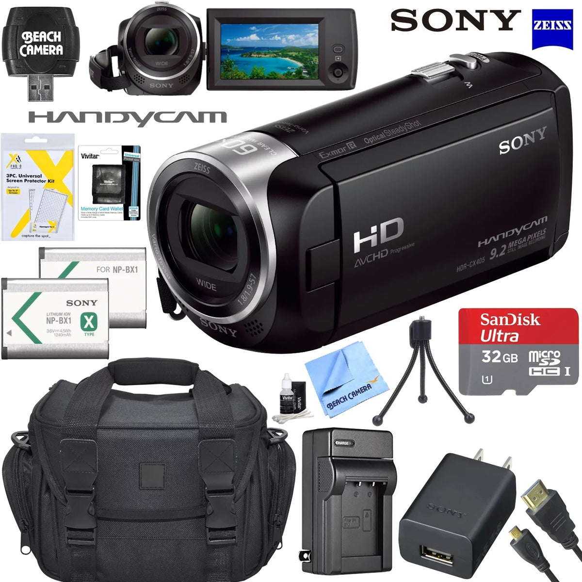 HDRCX405 HD Video Recording Handycam Camcorder Bundle with 32GB Micro SD Memory Card Mini Tripod Travel Case Spare Battery Charger HDMI Cable and More