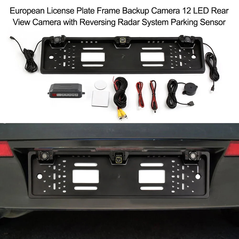 Tomshoo European License Plate Frame Backup Camera, 12 LED Rear View Camera, Car Reversing System, Parking Sensor