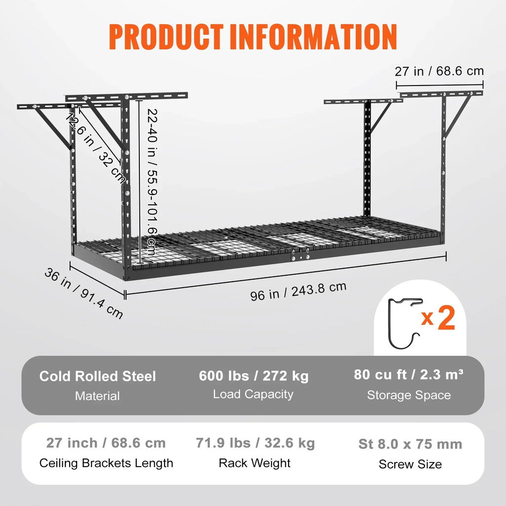 SKYSHALO Overhead Adjustable Garage Storage Stand 36x96in Ceiling Stand 600lb charcoal