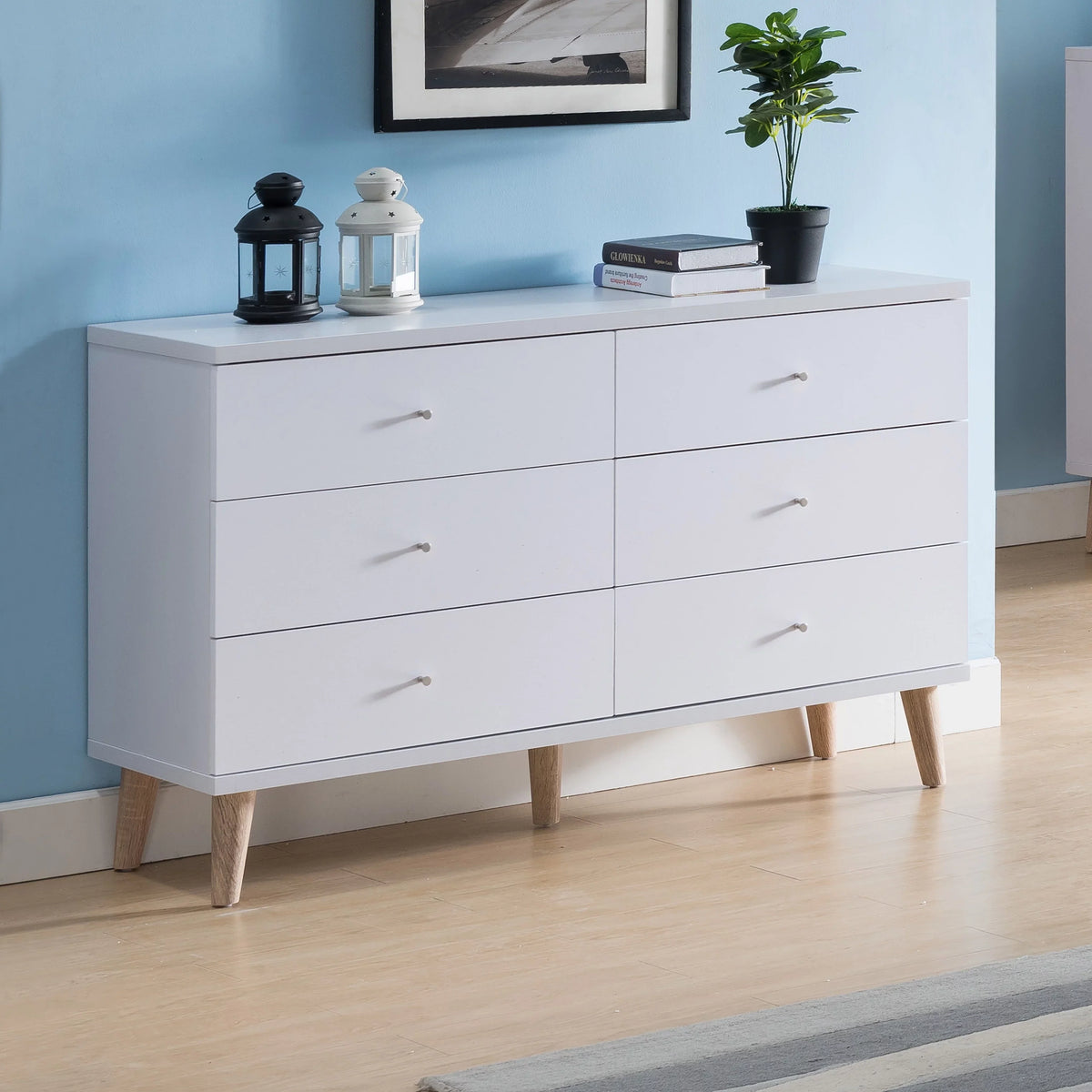 Denhour DH BASIC Mid-Century Modern White 47-1 inch Wide 6-Drawer Dresser with Knobs by