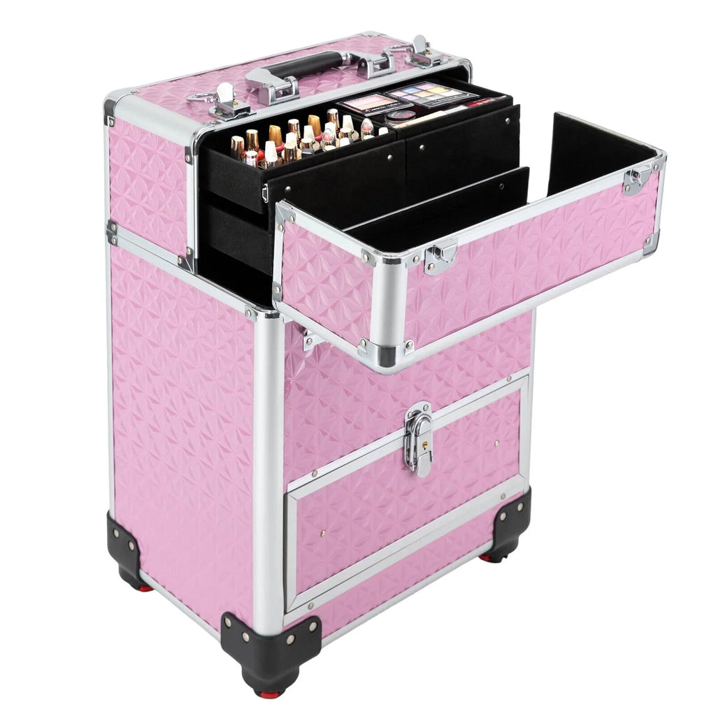 MIDUO Professional Makeup Trolley Lockable Nail Embroidery Hair Styling Tools Storage Box with Drawers Pink