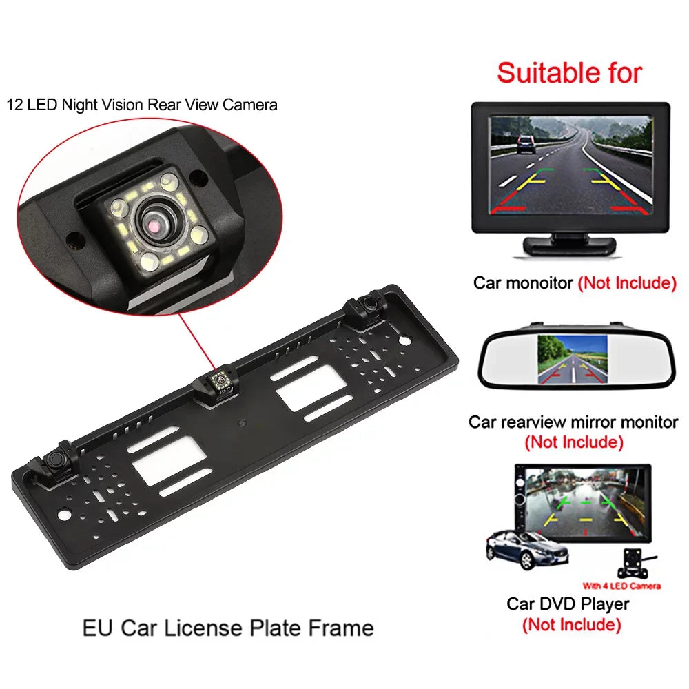 Tomshoo European License Plate Frame Backup Camera, 12 LED Rear View Camera, Car Reversing System, Parking Sensor