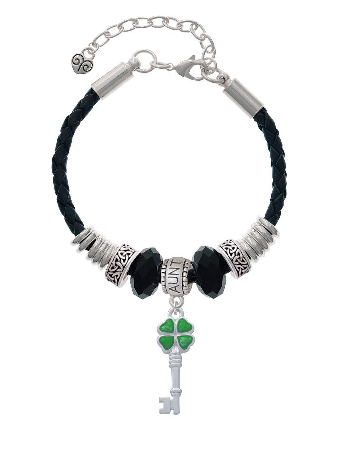 Delight Jewelry Silvertone Translucent Green Lucky Four Leaf Clover Key Aunt Celtic Knot Leather Bead Bracelet, 7"+2" Extender
