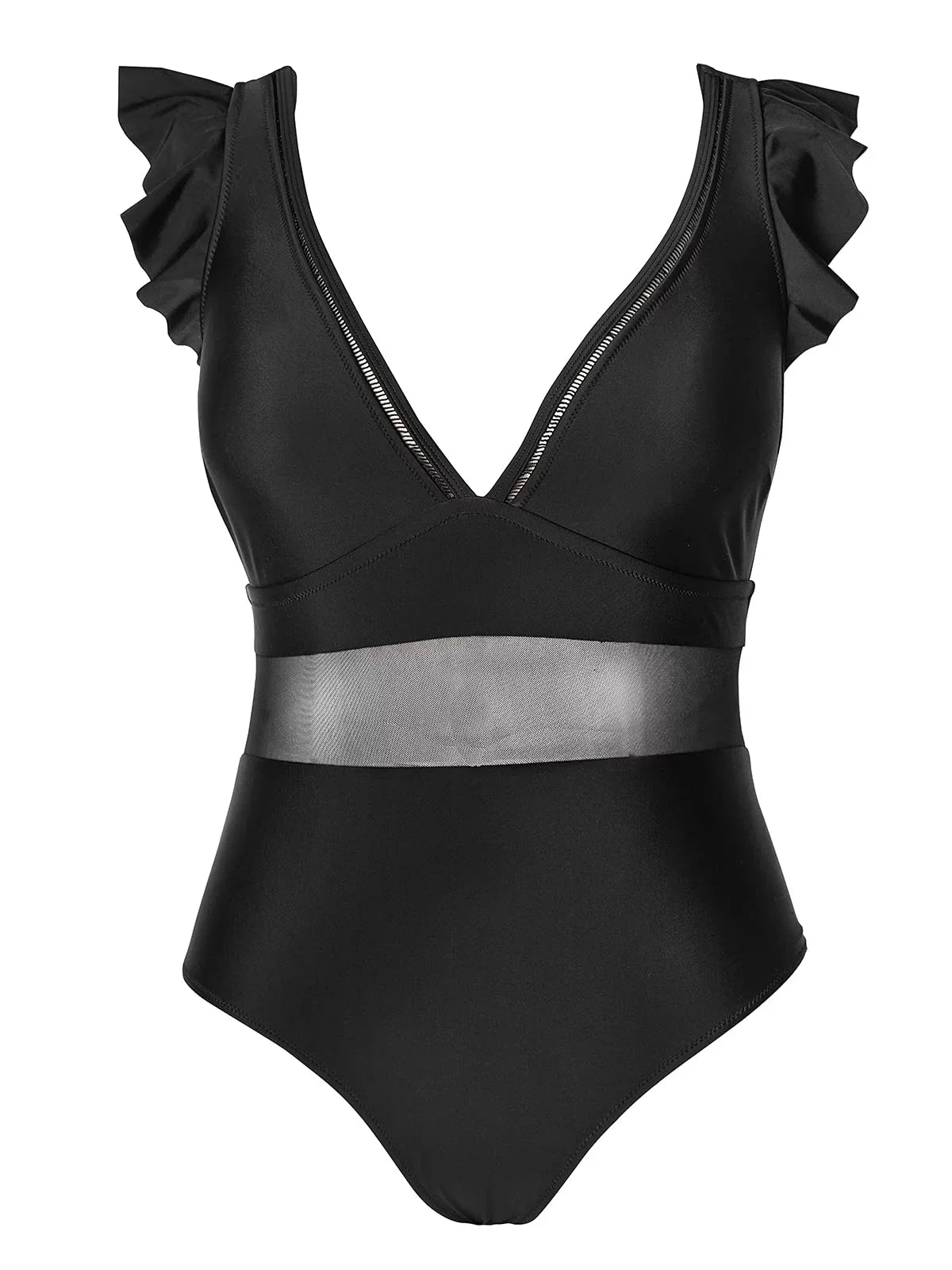 Cupshe Women's Plus Size One Piece ebony V Neck Ruffle Mesh Bathing Suit, XXXXL