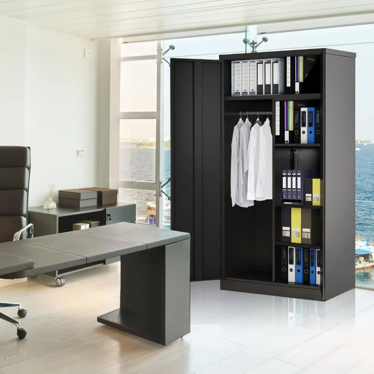 HOOMHIBIU Metal  Cabinets Locker with Locking Door  72'' Clothing Coat Steel Wardrobe Cabinet with Lock and Shelves for Office  Home  Garage  Employee  Freestanding (ebony)
