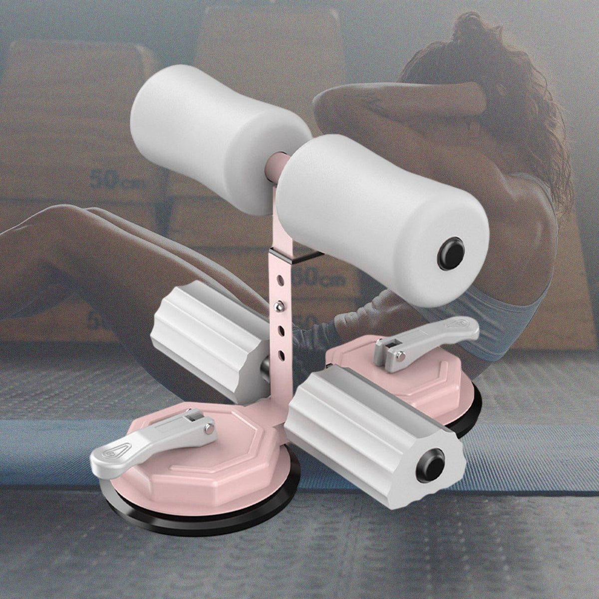 Floor Sitting Bar with Powerful Suction Cup 3 Height Settings Abs Equipment Abdominal Exercises - Pink Gray