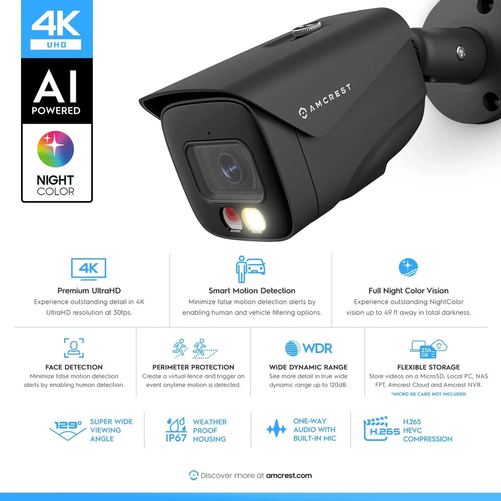 Amcrest 4K IP PoE AI Camera UltraHD 8MP Security Outdoor Camera, FOV 129°, 49ft Color Nightvision, Human & Vehicle Detection, IP67 Weatherproof, 4K (3840x2160) @15fps, dark, IP8M-2796EB-AI