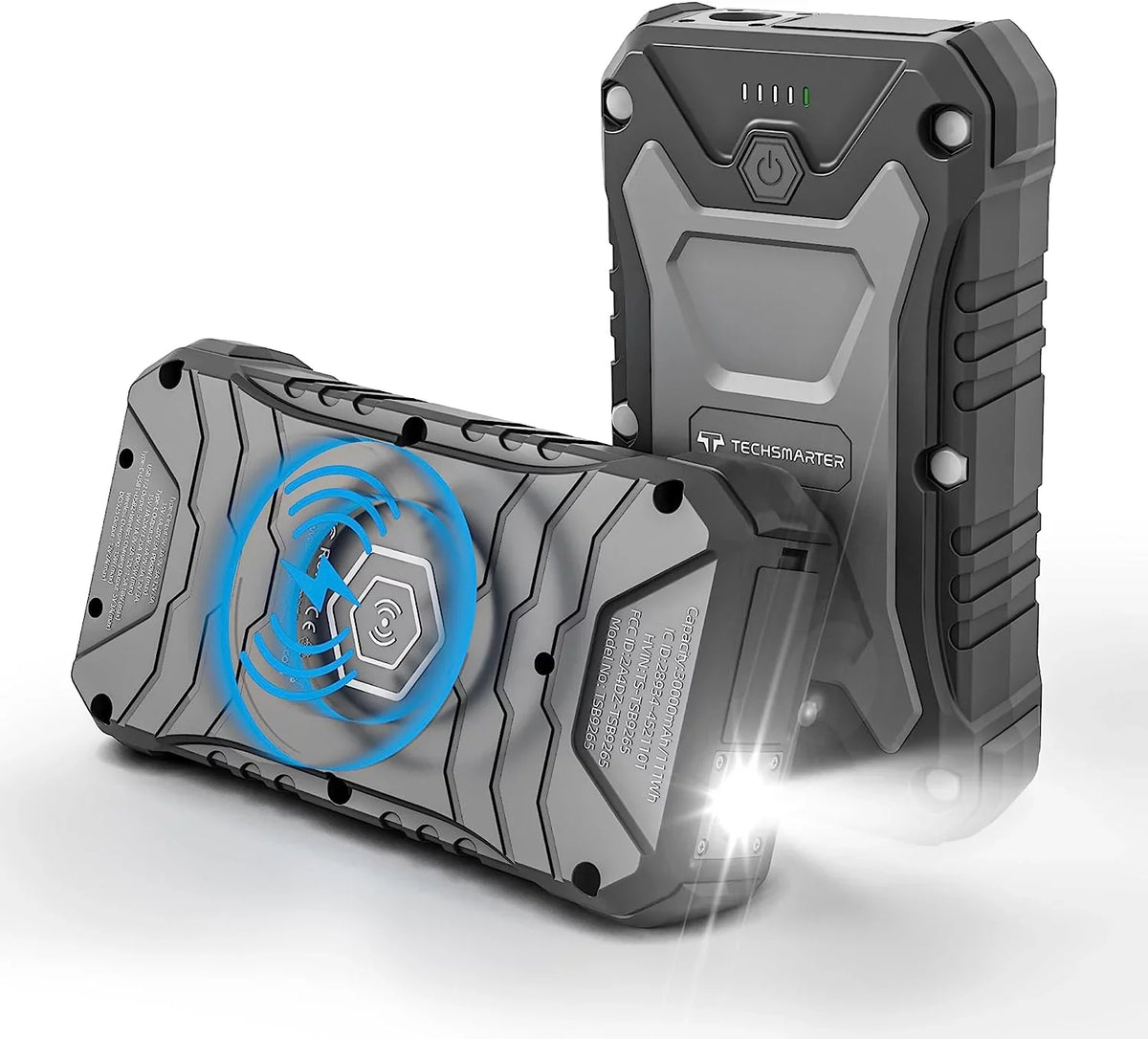 Power Bank Compatible with iPhone 15, 14, 13, iPad, MacBook,  S23, S22, S21, Androids, , Pixel. TECHSMARTER 30000mAh 65W USB-C PD Rugged and Waterproof, 15W Wireless Charging Portable Charger