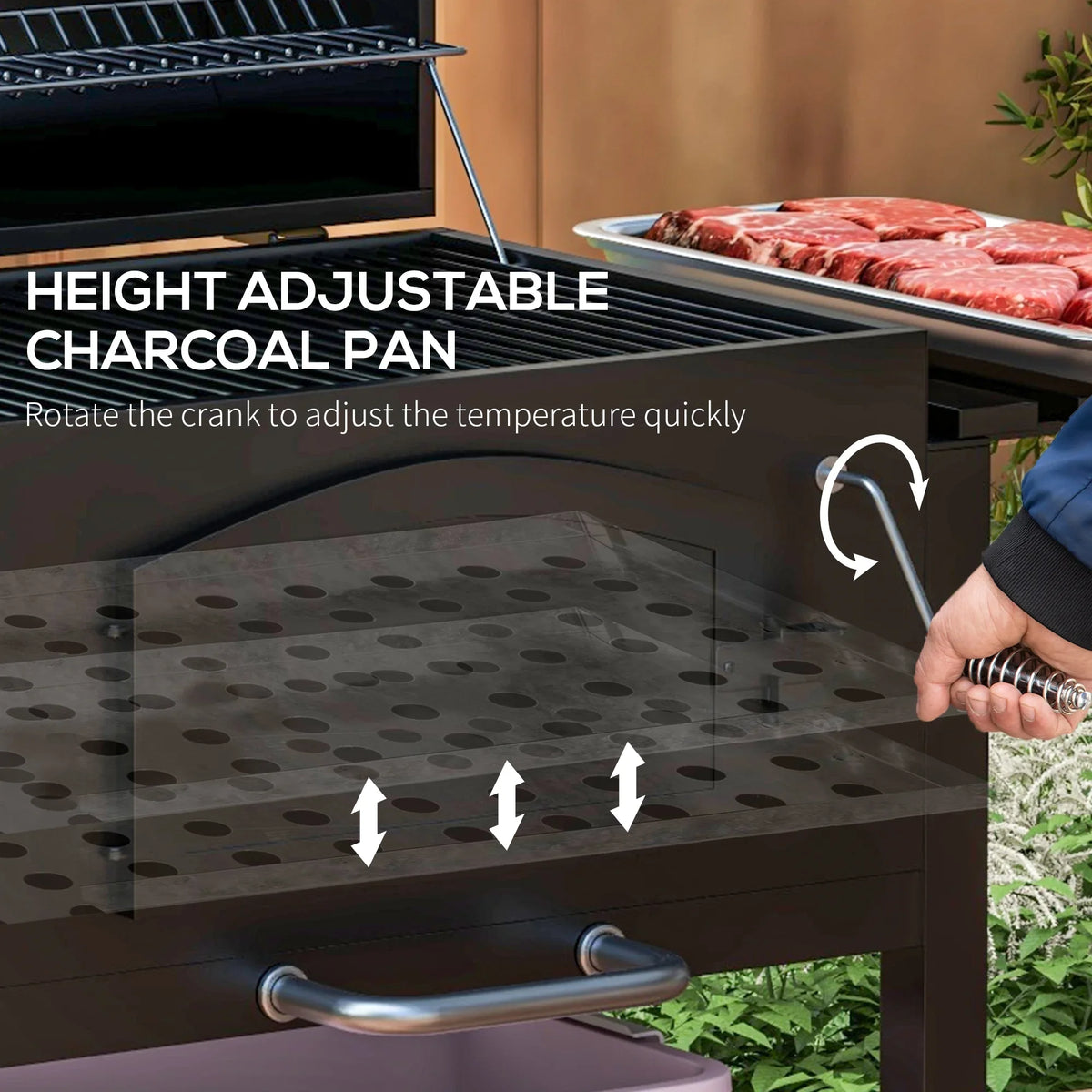 CoSoTower Charcoal Grill, BBQ with Adjustable Height, Portable Barbecue with Folding Shelves, Thermometer, Bottle Opener & Wheels for Outdoor Camping, Picnic, Patio, Backyard, charcoal