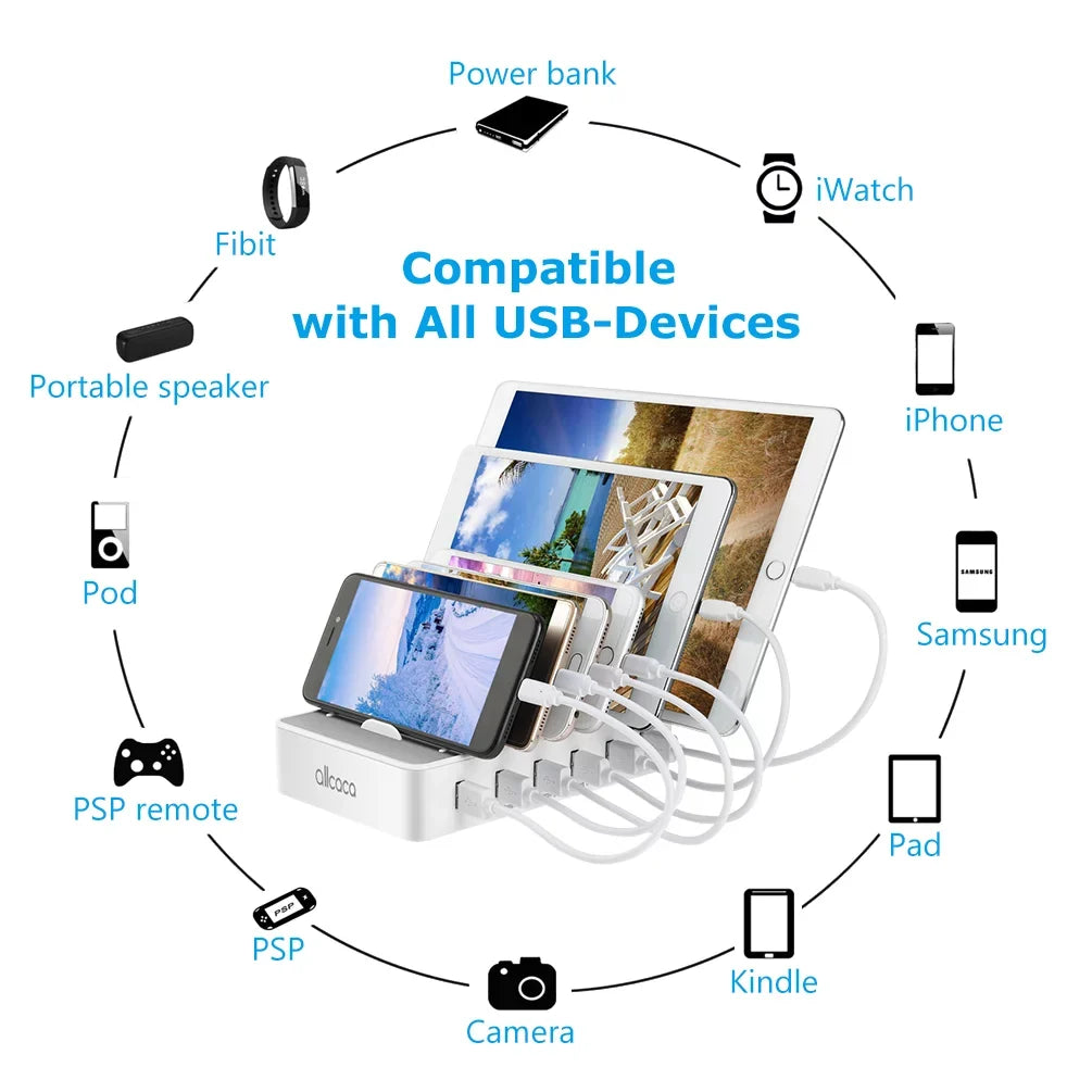 USB Charging Station for Multiple Devices - Fast Charging Organizer with 6 USB Ports Dock Cell Phone for , , Android Phone, iPhone