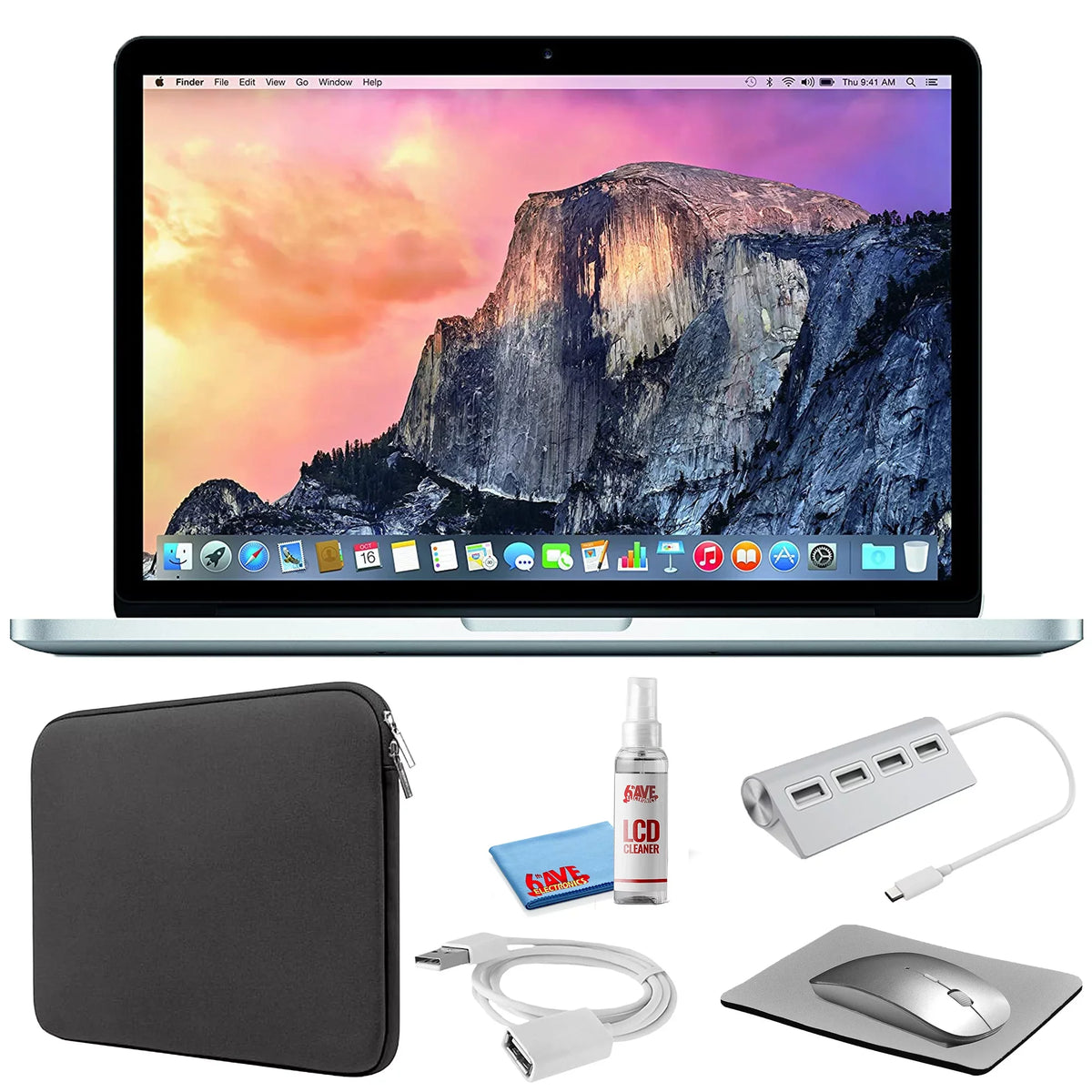 MacBook Pro 13-1 inch (i5 2.9GHz, 512GB SSD) (Early 2015, MF841LL/A) - Silver Bundle with charcoal Zipper Sleeve + Laptop Starter Kit + Cleaning Kit (Refurbished)