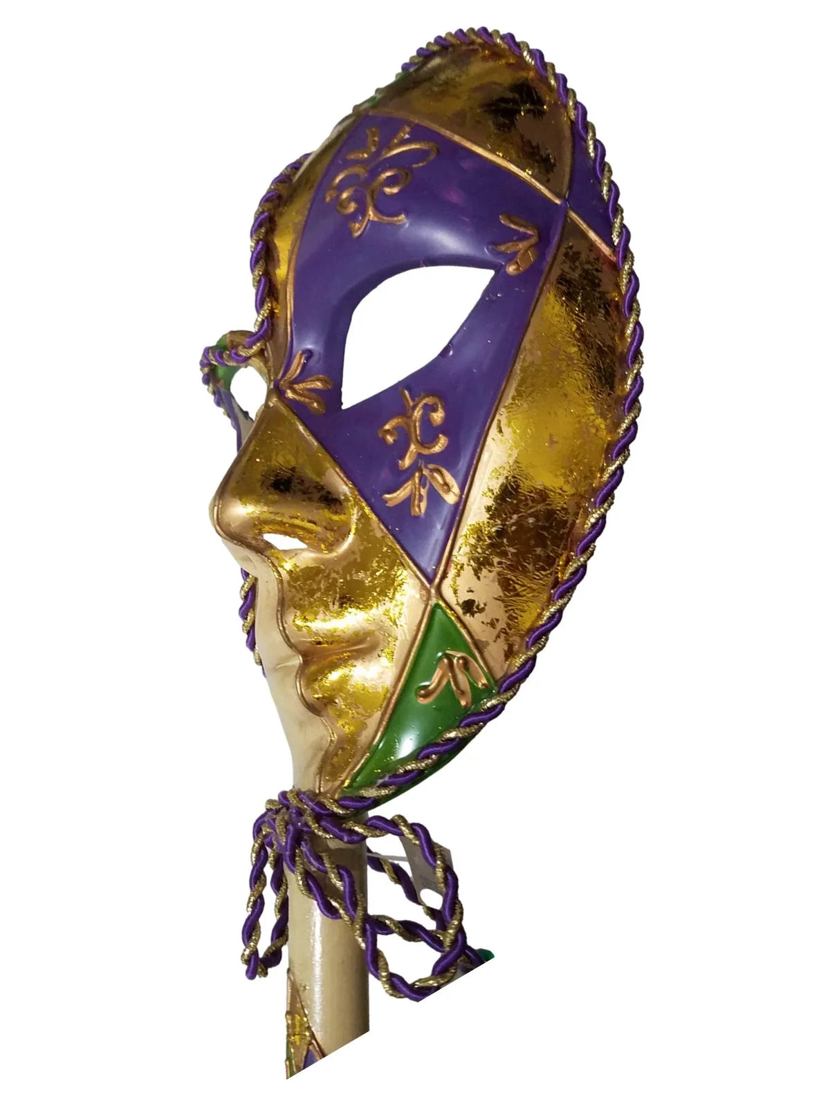 New Orleans Fleur De Lis Venetian Stick Mask Purple Green Gold Ladies