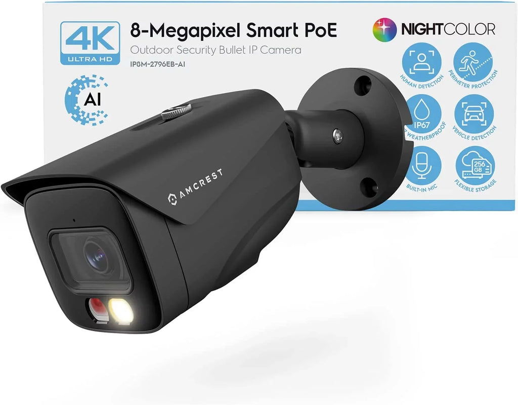 Amcrest 4K IP PoE AI Camera UltraHD 8MP Security Outdoor Camera, FOV 129°, 49ft Color Nightvision, Human & Vehicle Detection, IP67 Weatherproof, 4K (3840x2160) @15fps, dark, IP8M-2796EB-AI