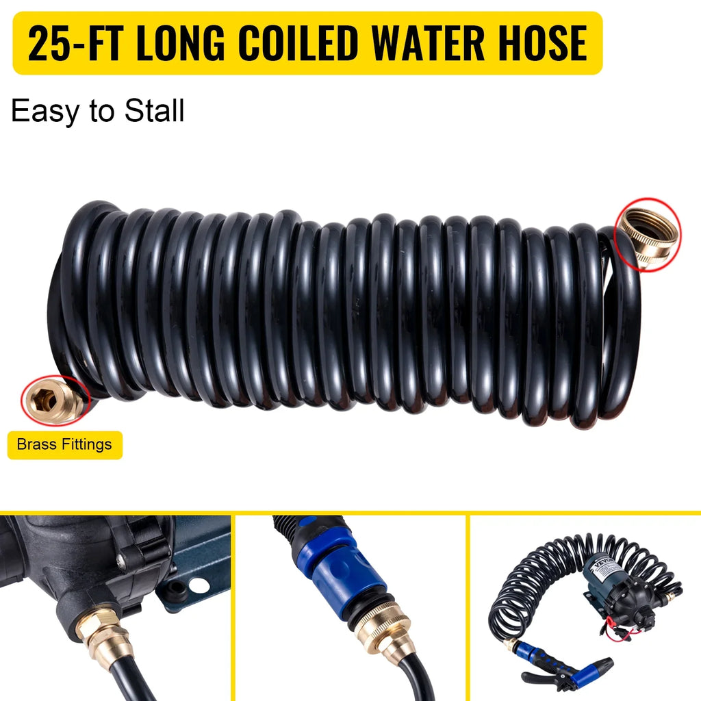 BENTISM RV Water Pump 5.3 GPM 5.5 Gallons Per Minute 12V Water Pump Automatic 70 PSI Diaphragm Pump with 25 Foot Coiled Hose Washdown Pumps for Boats Caravan Rv Marine Yacht