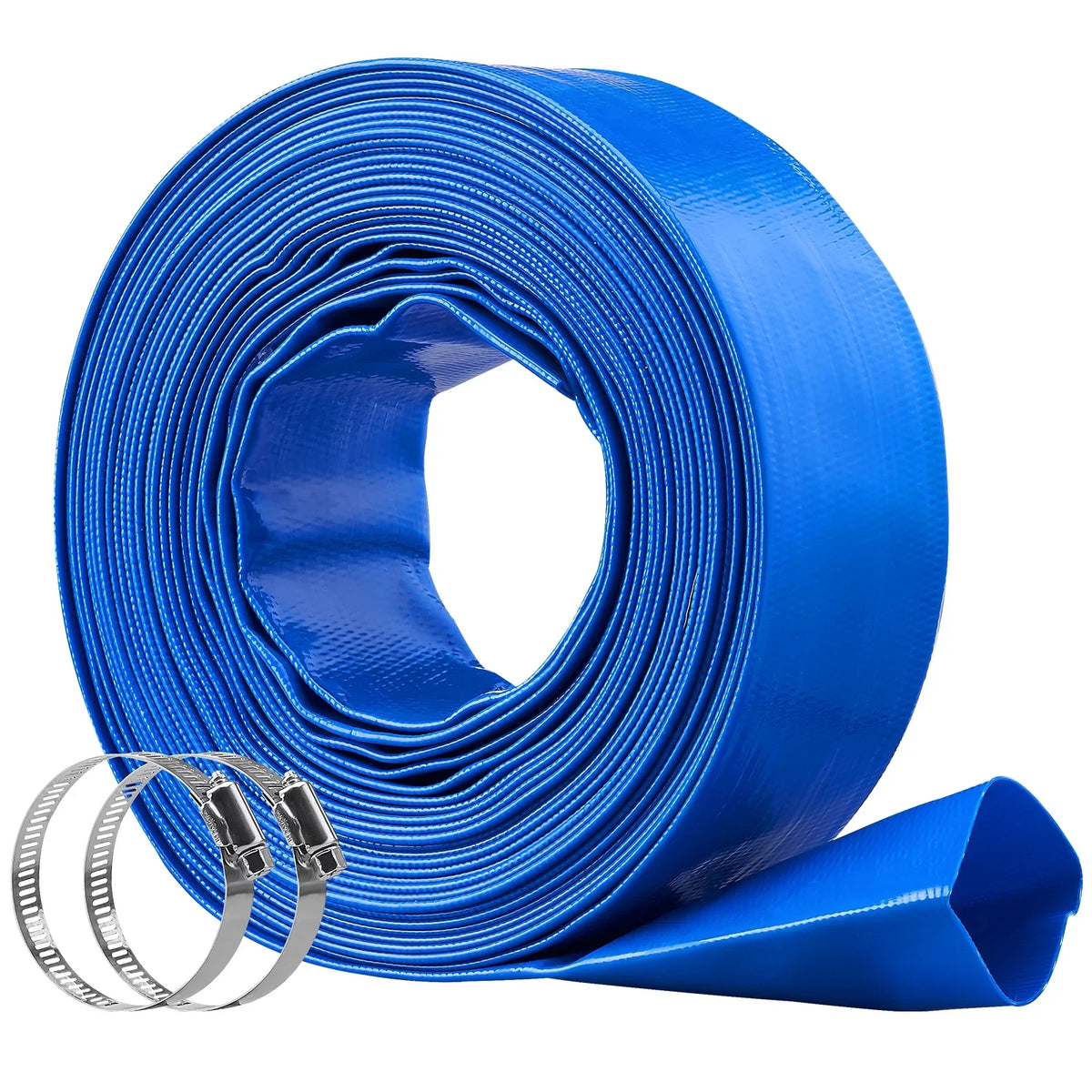 BENTISM Swimming Pool Filter Backwash Hose with Clamps 2'' x 50' Premium polyvinyl chloride Lay Flat Discharge Hose Blue Weather and Chemical Resistant