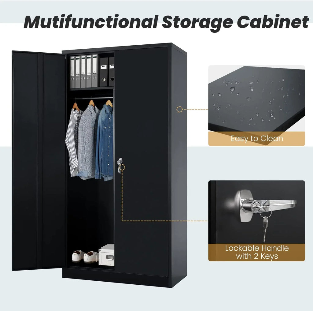 HOOMHIBIU Metal  Cabinets Locker with Locking Door  72'' Clothing Coat Steel Wardrobe Cabinet with Lock and Shelves for Office  Home  Garage  Employee  Freestanding (ebony)