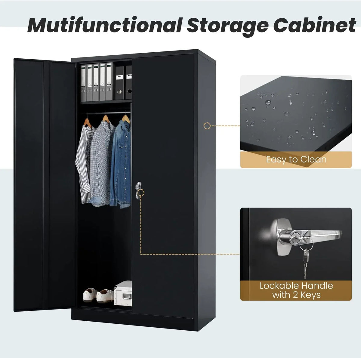 HOOMHIBIU Metal  Cabinets Locker with Locking Door  72'' Clothing Coat Steel Wardrobe Cabinet with Lock and Shelves for Office  Home  Garage  Employee  Freestanding (ebony)