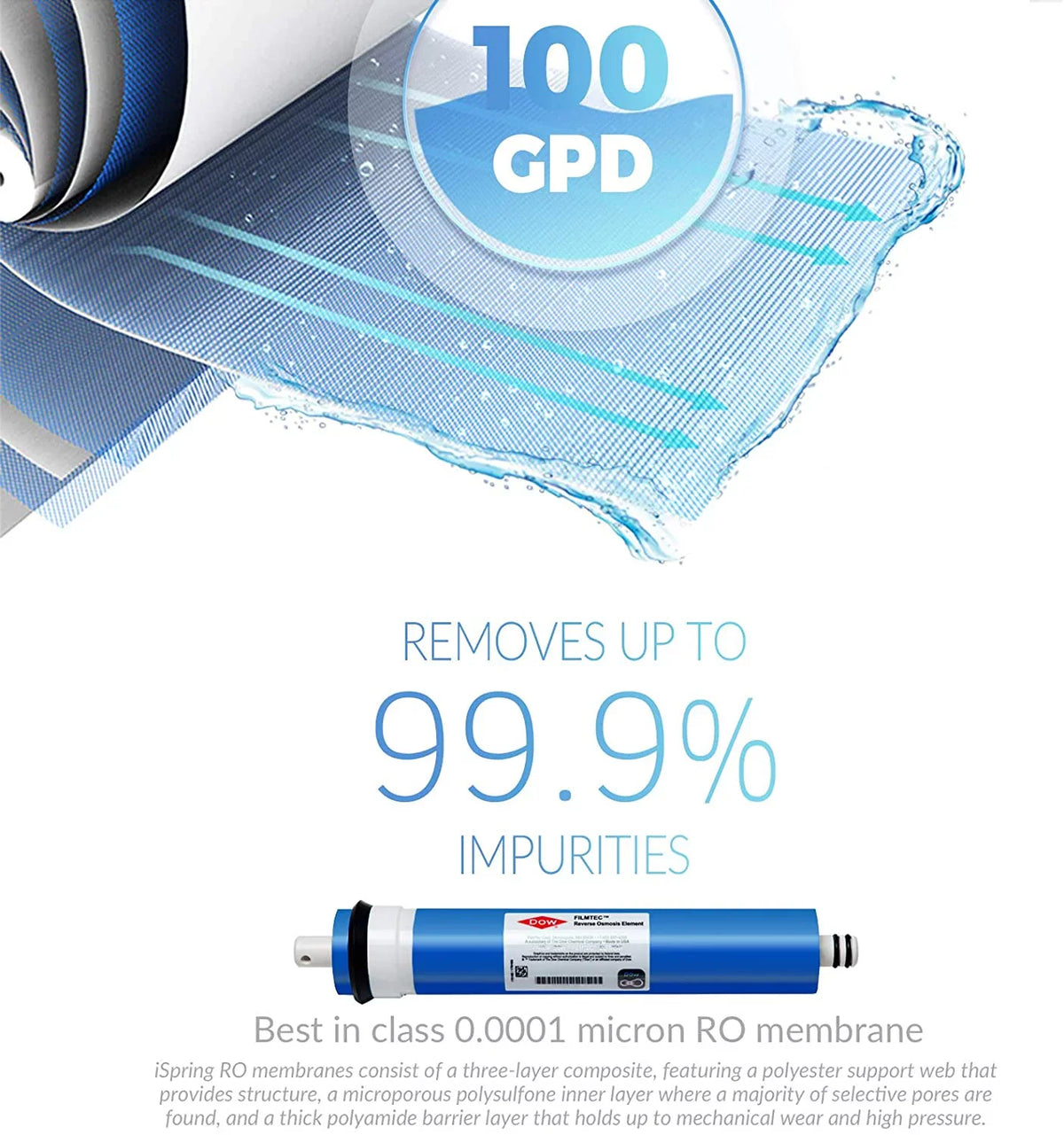 RO100 Under Sink 5-Stage Reverse Osmosis Drinking Water Filtration System High Capacity 100 GPD Fast Flow, 1:1 Pure to Waste Ratio