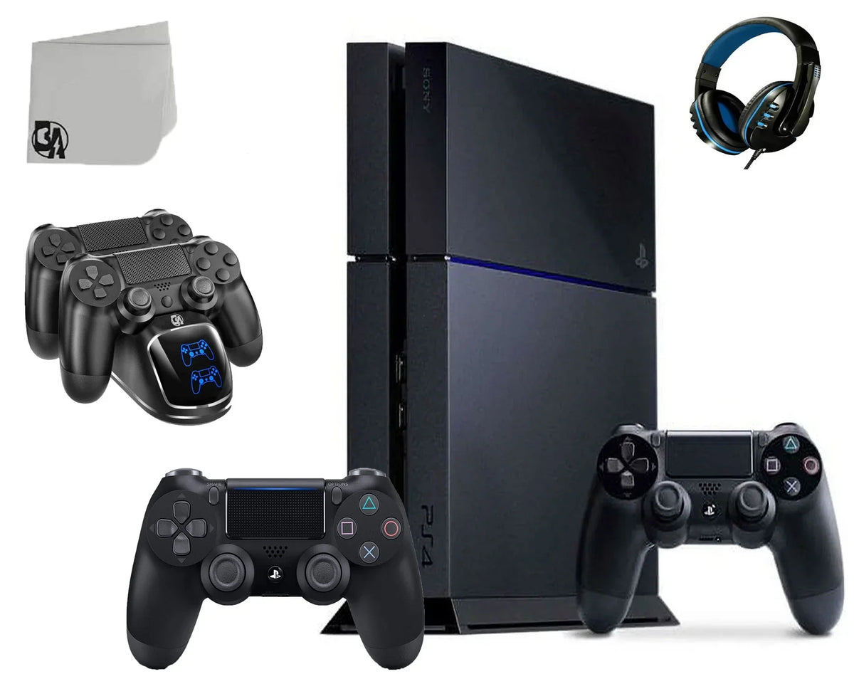 PlayStation 4 500GB Gaming Console dark with Charging Dock Headset 2 Controller Bolt Axtion Like New