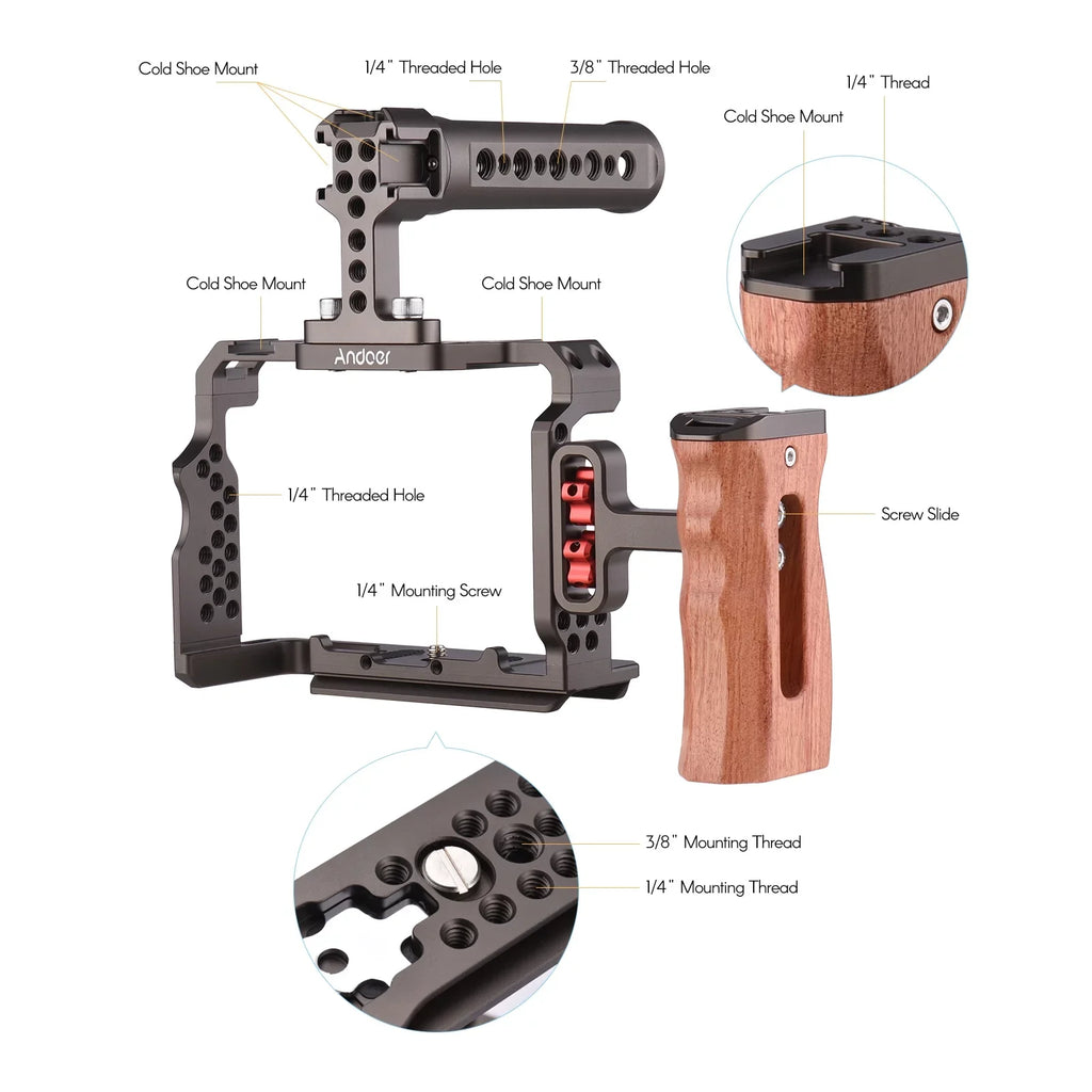 7299 Aluminum Alloy Cage Kit with Video Rig Handle Wooden Grip Replacement for  A7R III/ A7 II/ A7III