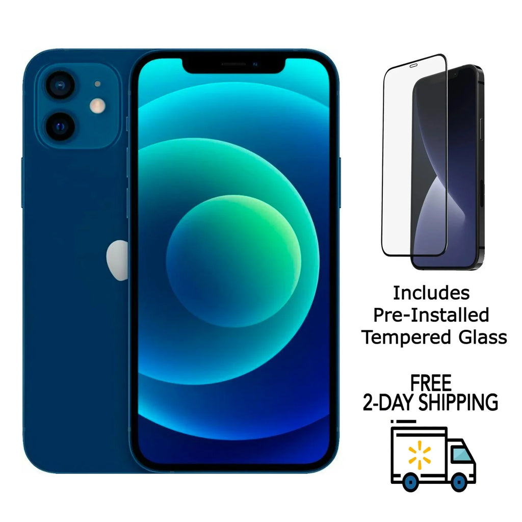Restored  iPhone 12 A2172 (T-Mobile Only) 64GB Blue w/ Pre-Installed Tempered Glass (Refurbished)