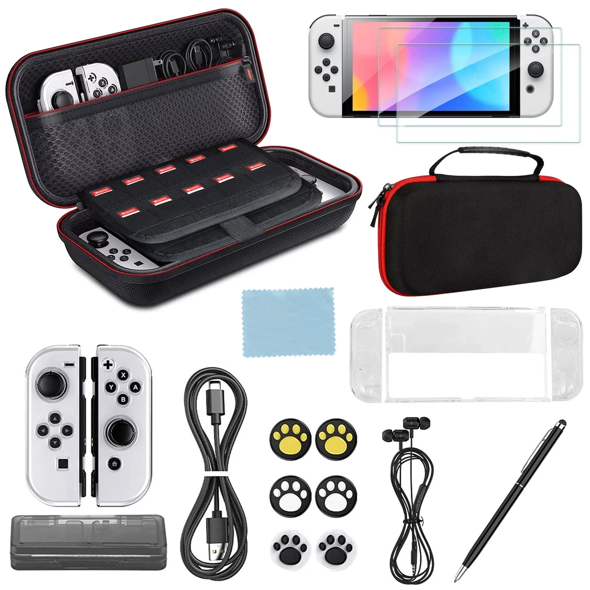 16-in-1 Accessories Kit Fit for Nintendo Switch OLED, EEEkit Accessories Bundle with Carrying Case, Protective Cover Case, Tempered Glass Screen Protector, Thumb Grips, and More, charcoal
