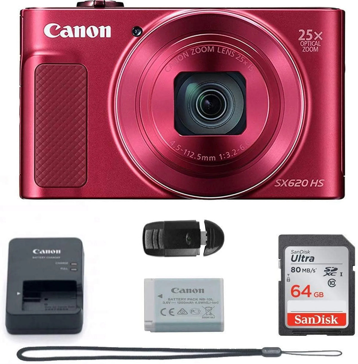 PowerShot SX620 Digital Camera w/25x Optical Zoom - Wi-Fi & NFC Enabled (RED) - Memory Card Bundle (Camera + 64GB Memory Card) Buzz Photo Basic Bundle