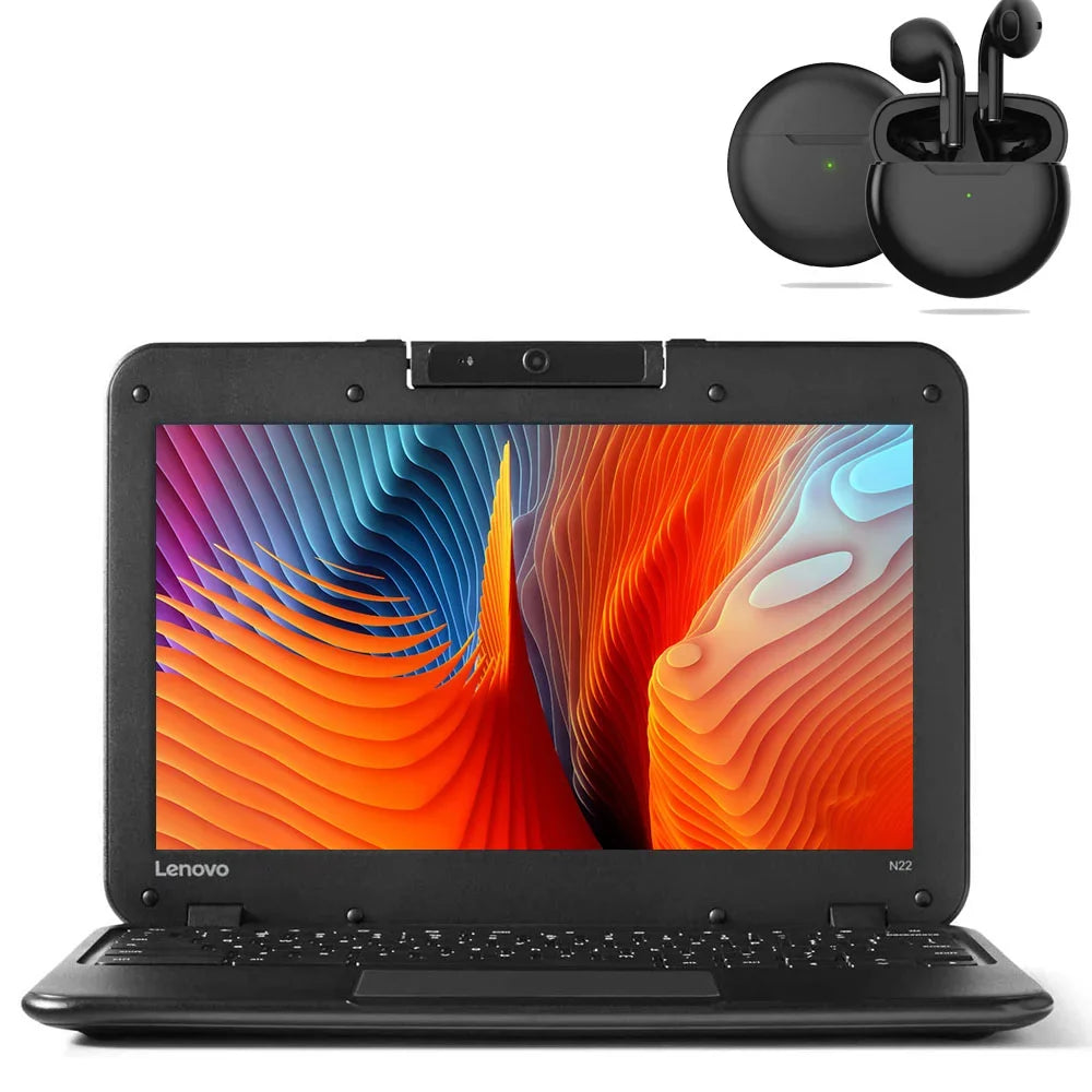 N22 Chromebook 11.6 1 inch   Processor/ 4GB Memory/ 16GB eMMC Storage/ USB3.0/ Bluetooth/ Wi-fi/ Webcam with Pro 6 Wireless Earbuds Chrome Notebook