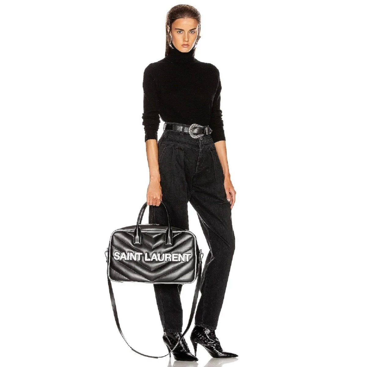 New Saint Laurent Miles Logo dark Calf Leather Duffel Bowling Bag 525145