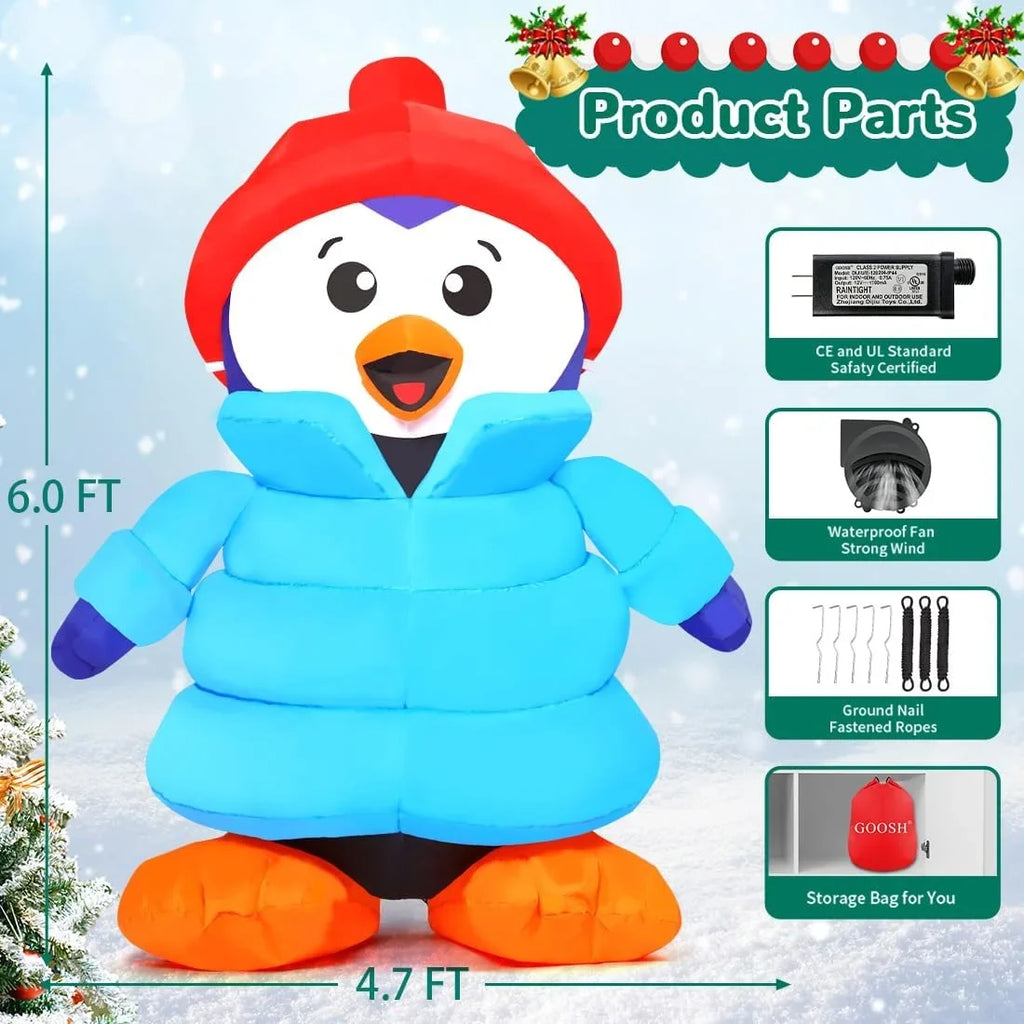 GOOSH Christmas Inflatable 6 FT Christmas Decorations Penguin with Hat, Outdoor Penguin Decorations with LED Lights, Inflatable Penguin Christmas Outdoor Inflatable Decorations Clearance for Xmas