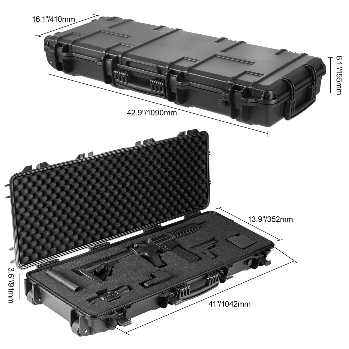 SKYSHALO Rifle Case, Rifle Hard Case with 3 Layers Fully-protective Foams, 42 1 inch lockable Hard Gun Case with Wheels, IP67 Waterproof & Crushproof, for Two Rifles or Shotguns, Airsoft Gun