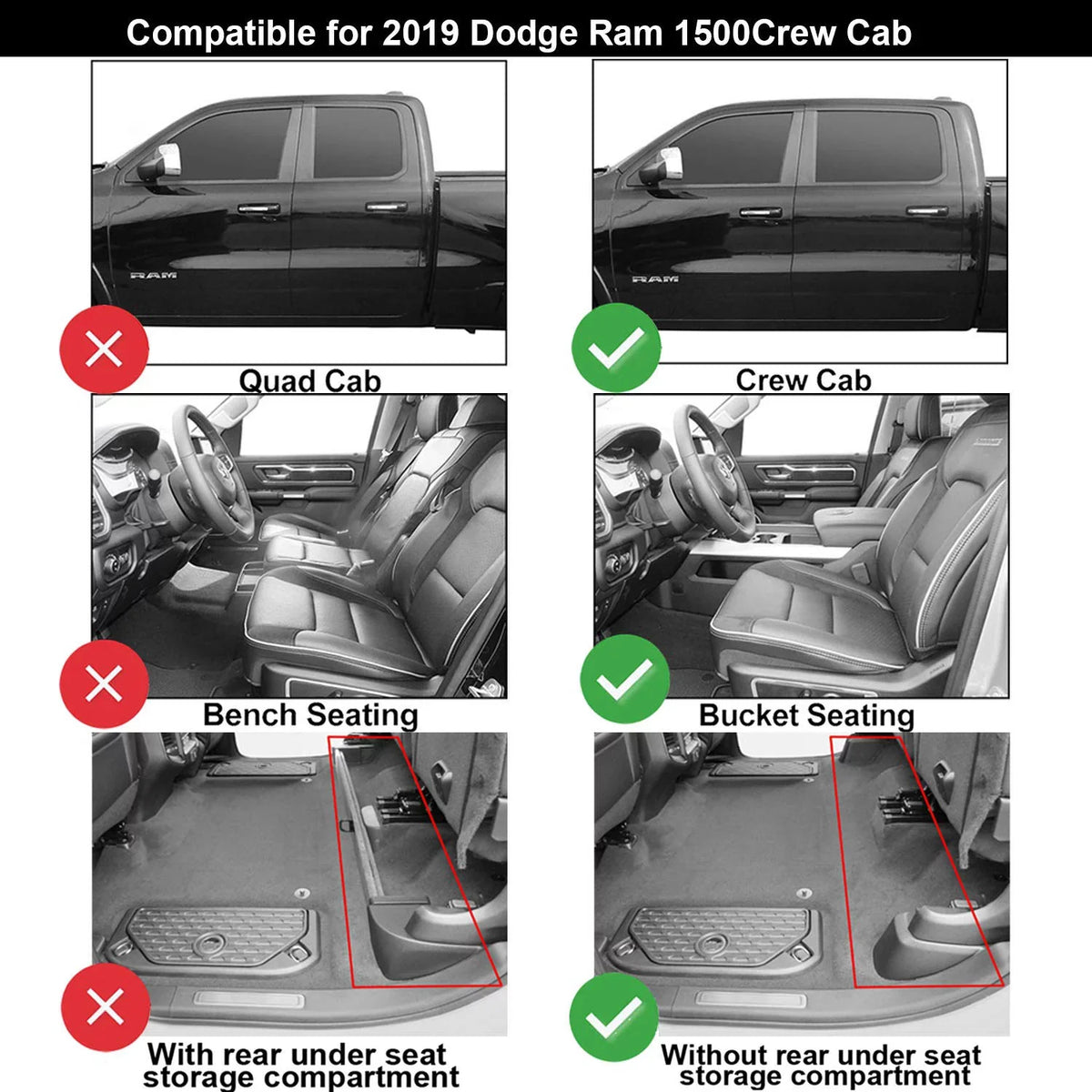3W Floor Mats for Dodge Ram 2019 2020 (NOT for Storage Under Rear Seat) - Full Set All Weather Ram 1500 Crew Cab Carpet with Non-Toxic TPE 1st & 2nd Row for Bucket Seating, charcoal