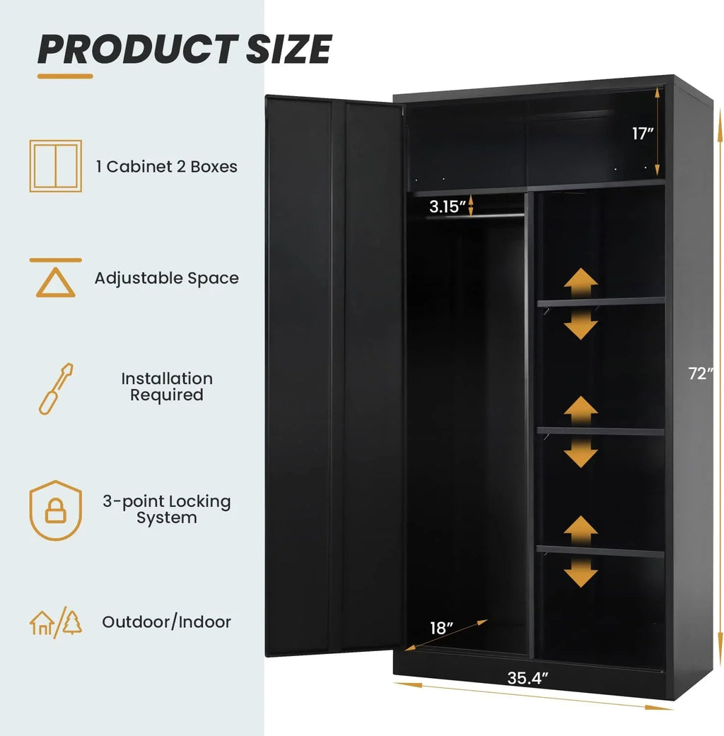 HOOMHIBIU Metal  Cabinets Locker with Locking Door  72'' Clothing Coat Steel Wardrobe Cabinet with Lock and Shelves for Office  Home  Garage  Employee  Freestanding (ebony)