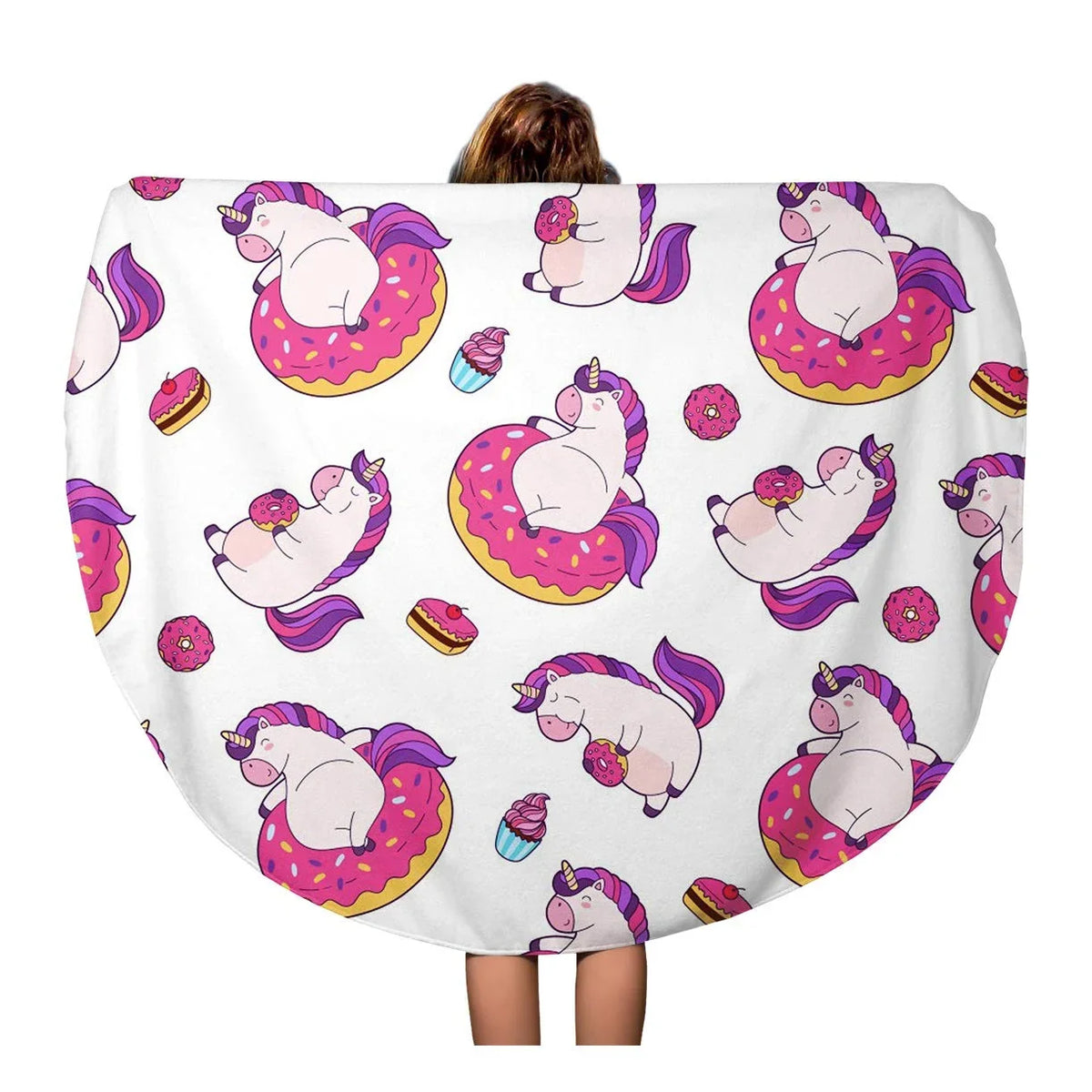 KDAGR 60 1 inch Round Beach Towel Blanket Pattern Funny Unicorns Eating Donut and Sitting in Inflatable Travel Circle Circular Towels Mat Tapestry Beach Throw