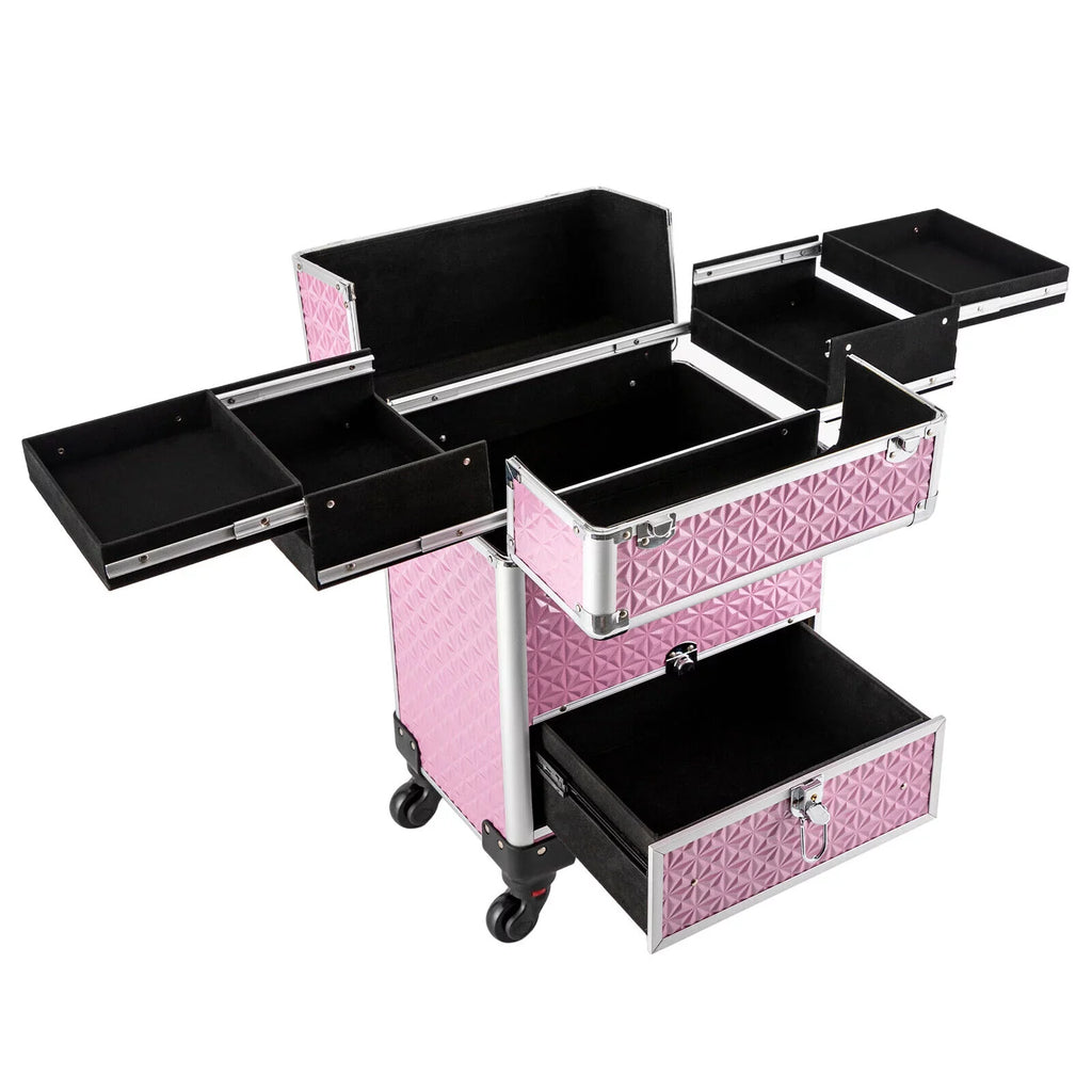 MIDUO Professional Makeup Trolley Lockable Nail Embroidery Hair Styling Tools Storage Box with Drawers Pink