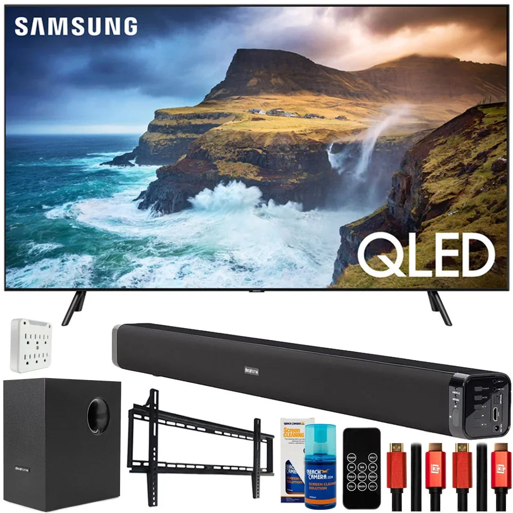 QN65Q70RAFXZA 65 inch Q70 QLED Smart 4K UHD TV 2019 Model Bundle with 60W Soundbar with Subwoofer, 2x HDMI Cable, 6-Outlet Surge Adapter, Flat Wall Mount Kit and Screen Cleaner