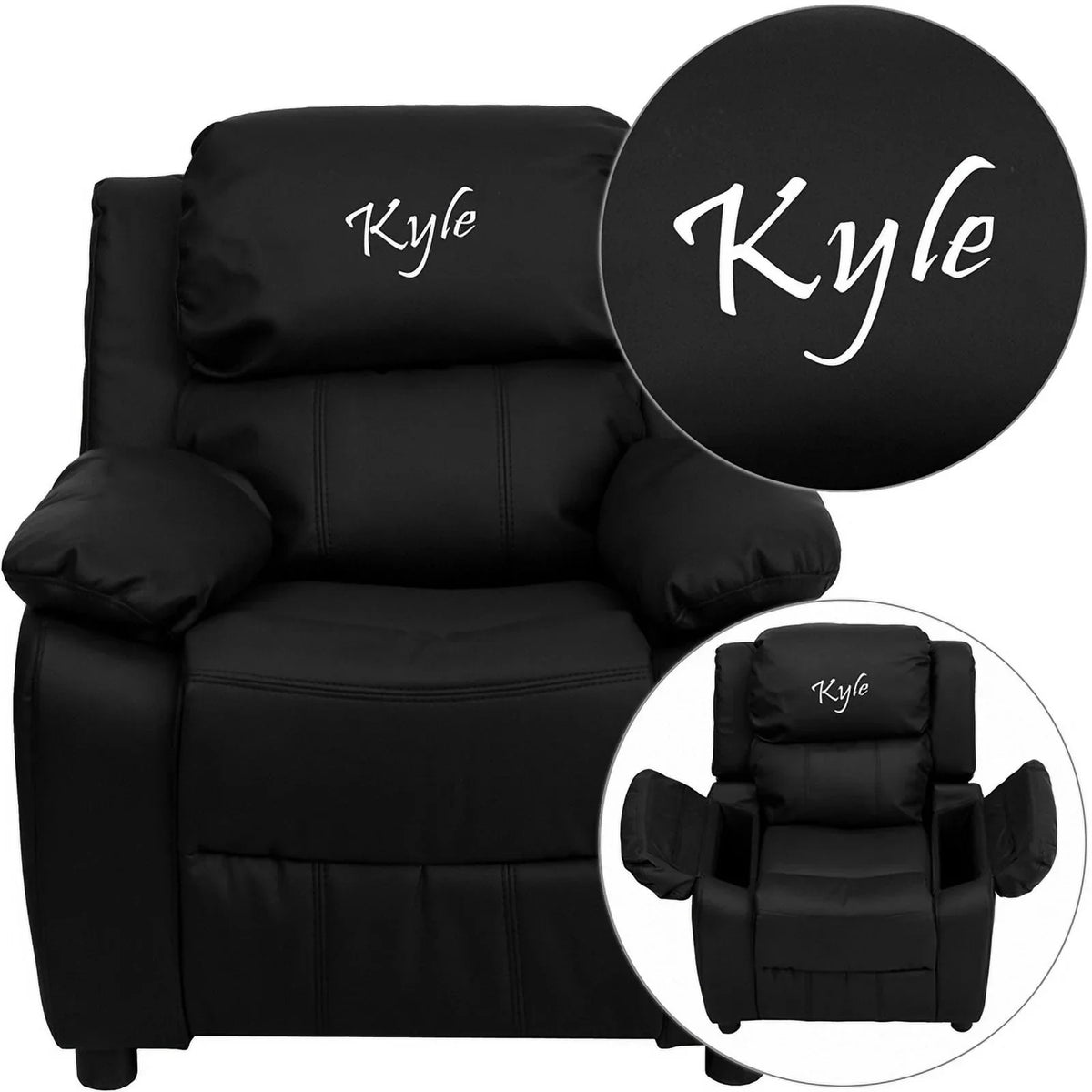 Personalized Deluxe Padded ebony LeatherSoft Kids Recliner with Storage Arms