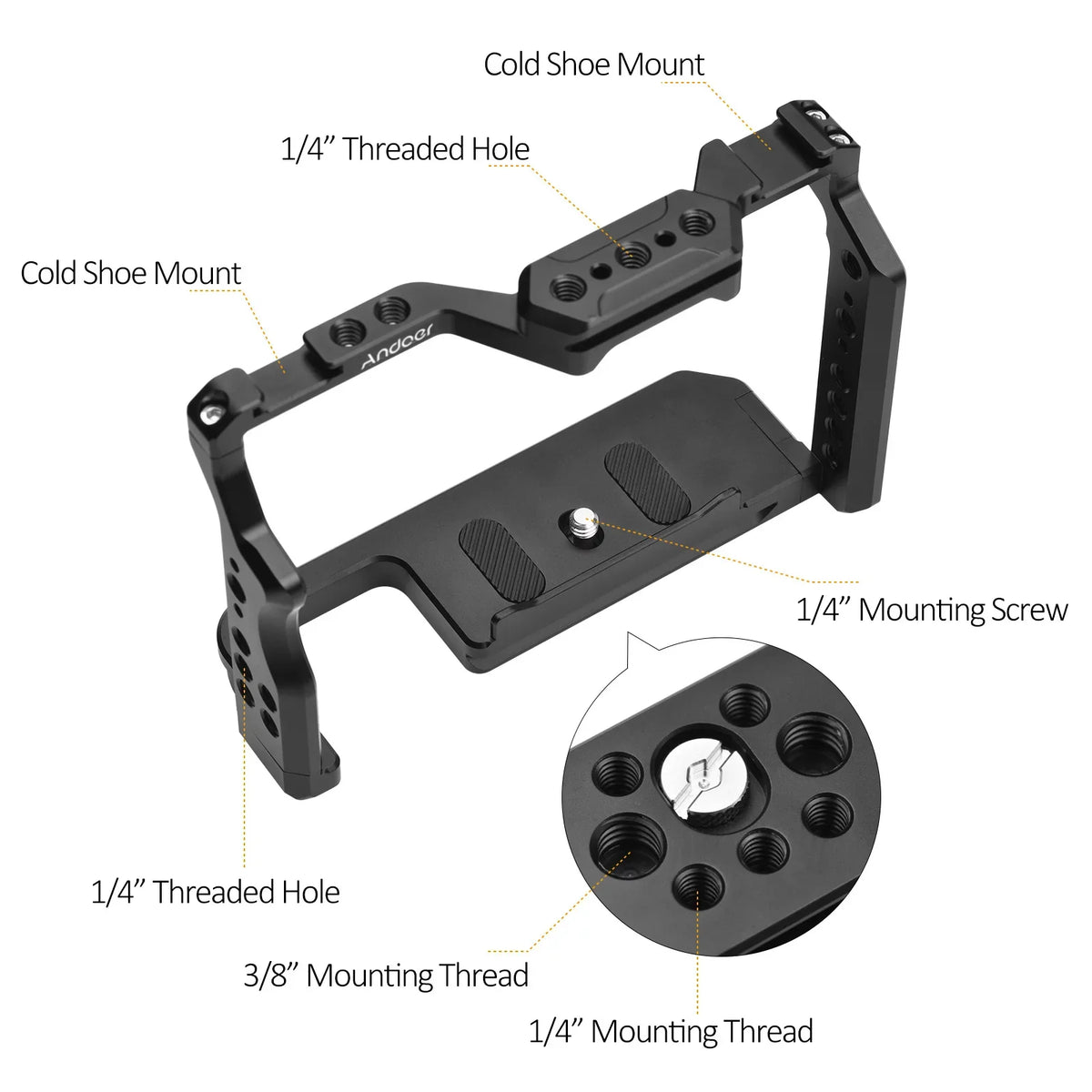 Andoer Cage Aluminum Alloy Video Cage with Dual Cold Shoe Mounts Numerous 14 25mm Threads Replacement for  A7IV/ A7III/ A7II/ A7R III/ A7R II/ A7S II