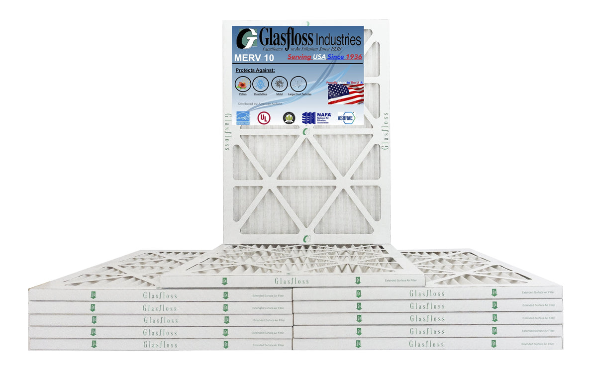 Glasfloss 16x20x1 - MERV 10 -Qty:12 - Furnace Air Filter - Made in USA (Actual Size: 15.5 x 19.5x7/8 1 inch)