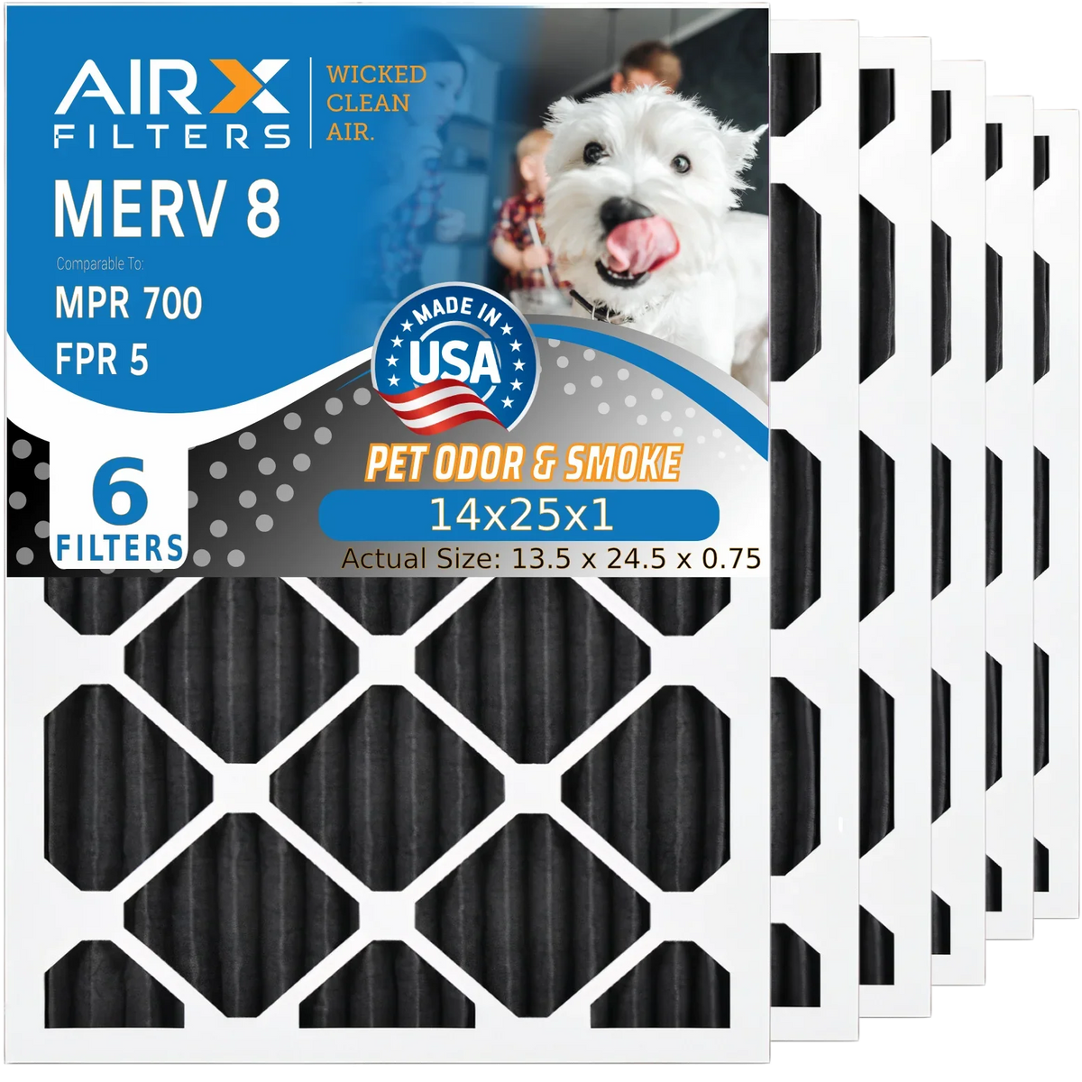6 Pack. 14x25x1 Air Filter Odor Eliminator Carbon Filter MERV 8 Comparable to MPR 700 & FPR 5 AC HVAC Premium USA Made 14x25x1 Furnace Filters by AIRX FILTERS WICKED CLEAN AIR
