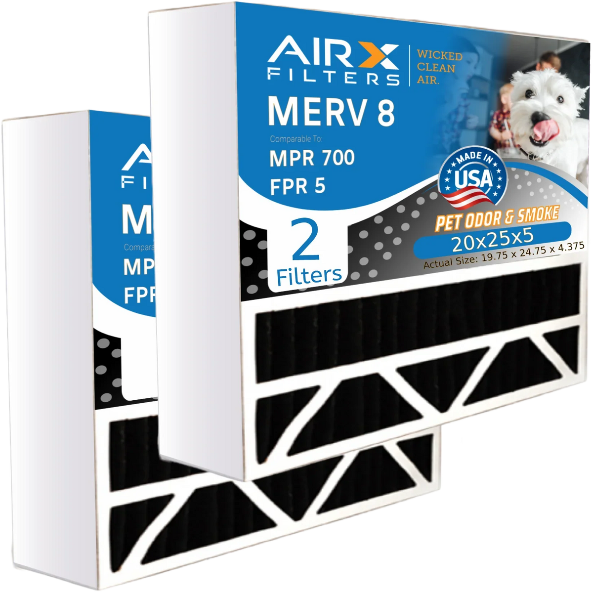20x25x5 Air Filter Odor Eliminator Carbon Filter MERV 8 Comparable to MPR 700 & FPR 5 Compatible with Bryant Carrier FILXXCAR0020 2 Pack by AIRX FILTERS WICKED CLEAN AIR.