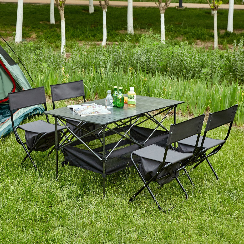 Set of 5, Folding Outdoor Table and Chair Set for Indoor, Outdoor Camping, Picnics, Beach,Backyard, BBQ, Party, Patio, ebony/Gray