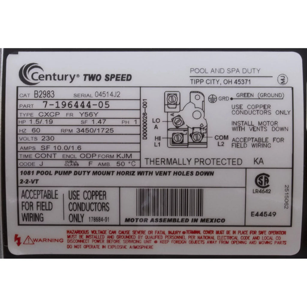 1.5  2-Speed 56Y Frame 230V Square Flange Pool Motor Century # B2983