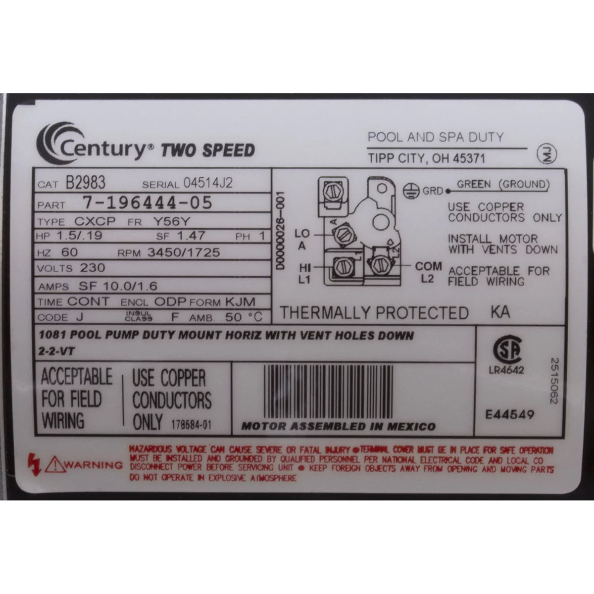 1.5  2-Speed 56Y Frame 230V Square Flange Pool Motor Century # B2983