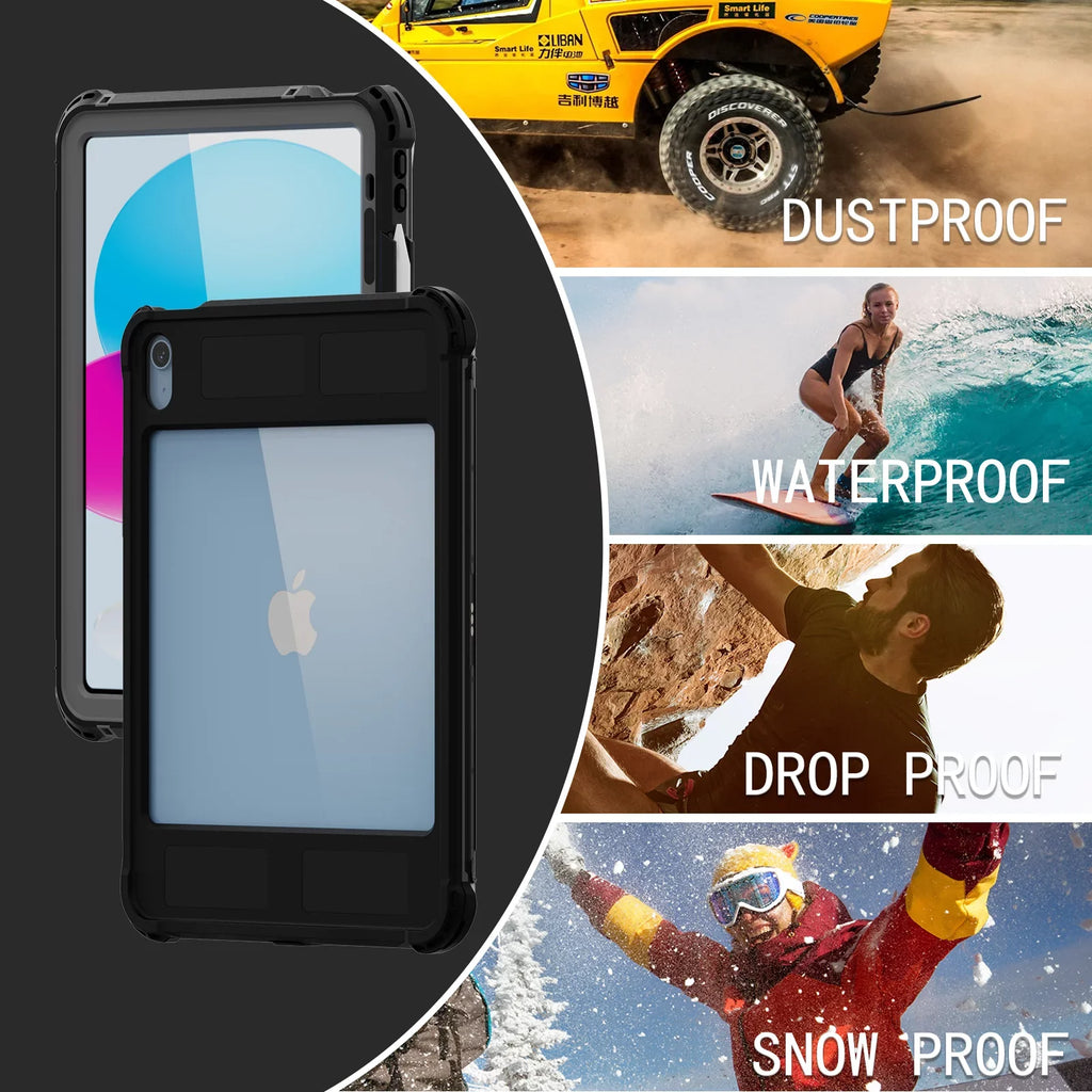 K-Lion Rugged Waterproof Case for iPad 10th Genetation 10.9" (2022) IP68 Underwater with Screen Protector Swivel Bracket Kickstand Pencil Holder Carrying Strap Shockproof Dustproof Protective Case