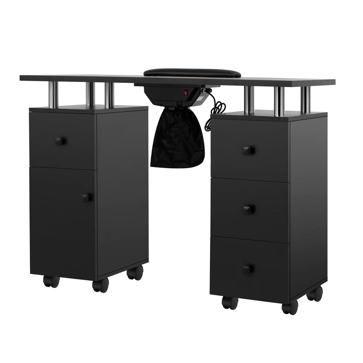 LUXMARS Manicure Table Nail Desk for Technician, Nail Table w/ Electric Dust Collector & Wrist Rest Cushion, Acetone Resistant Nail Table Station w/Lockable Wheels & Drawers & Cabinet - charcoal